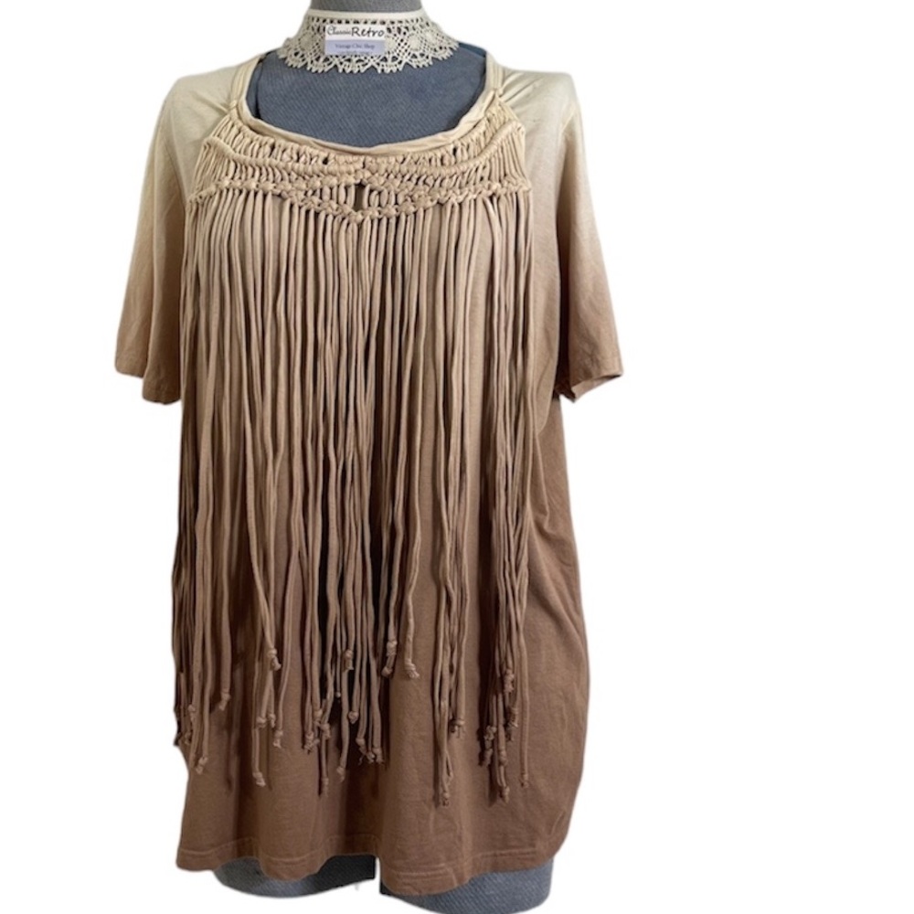 Boho T-shirt ombré fringe festival short sleeve oversized MEDIUM stretchy Tee